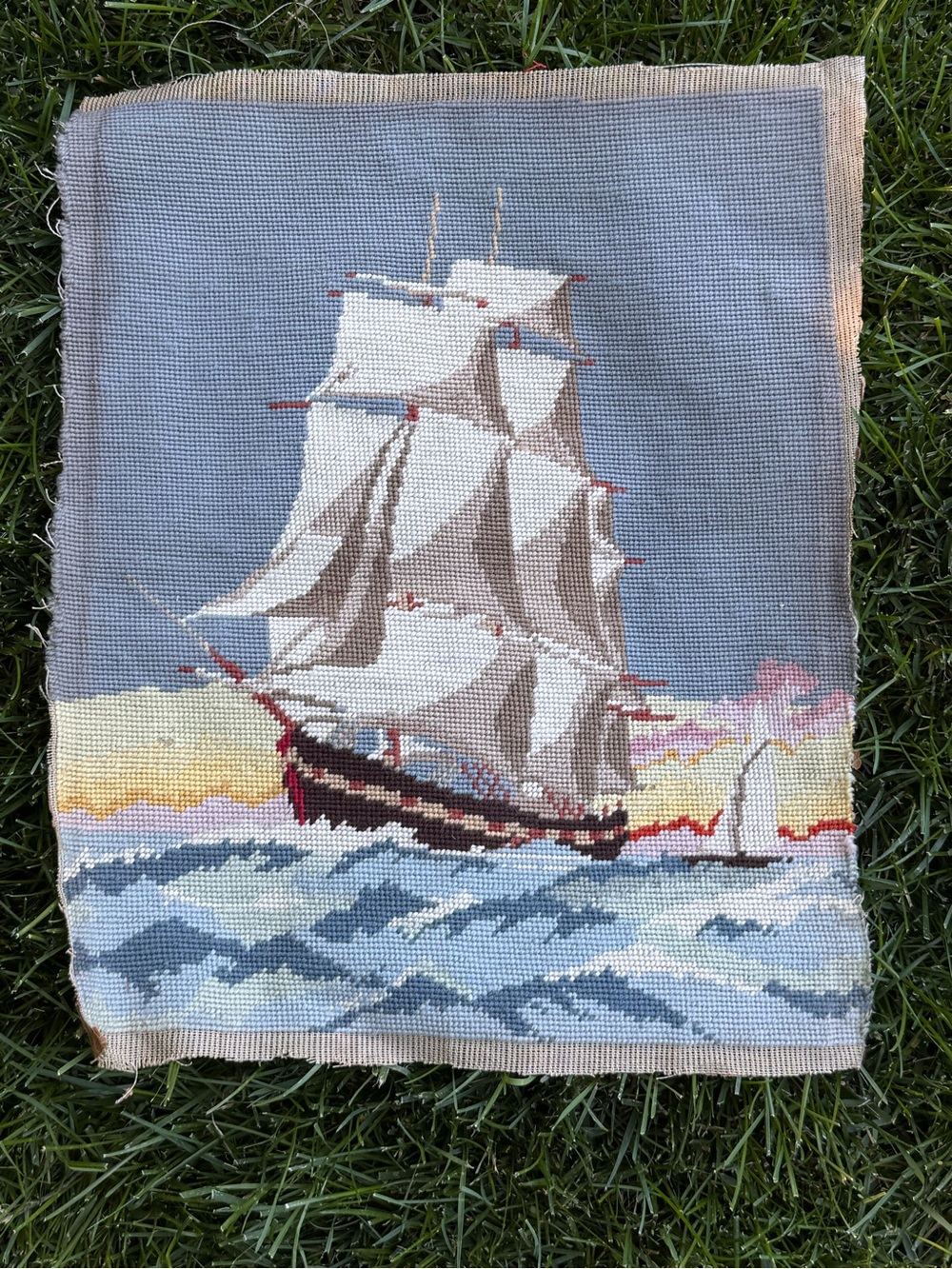 Vintage Handmade Clipper Ship Needlepoint Tapestry 16x17 Unframed Nautical Art